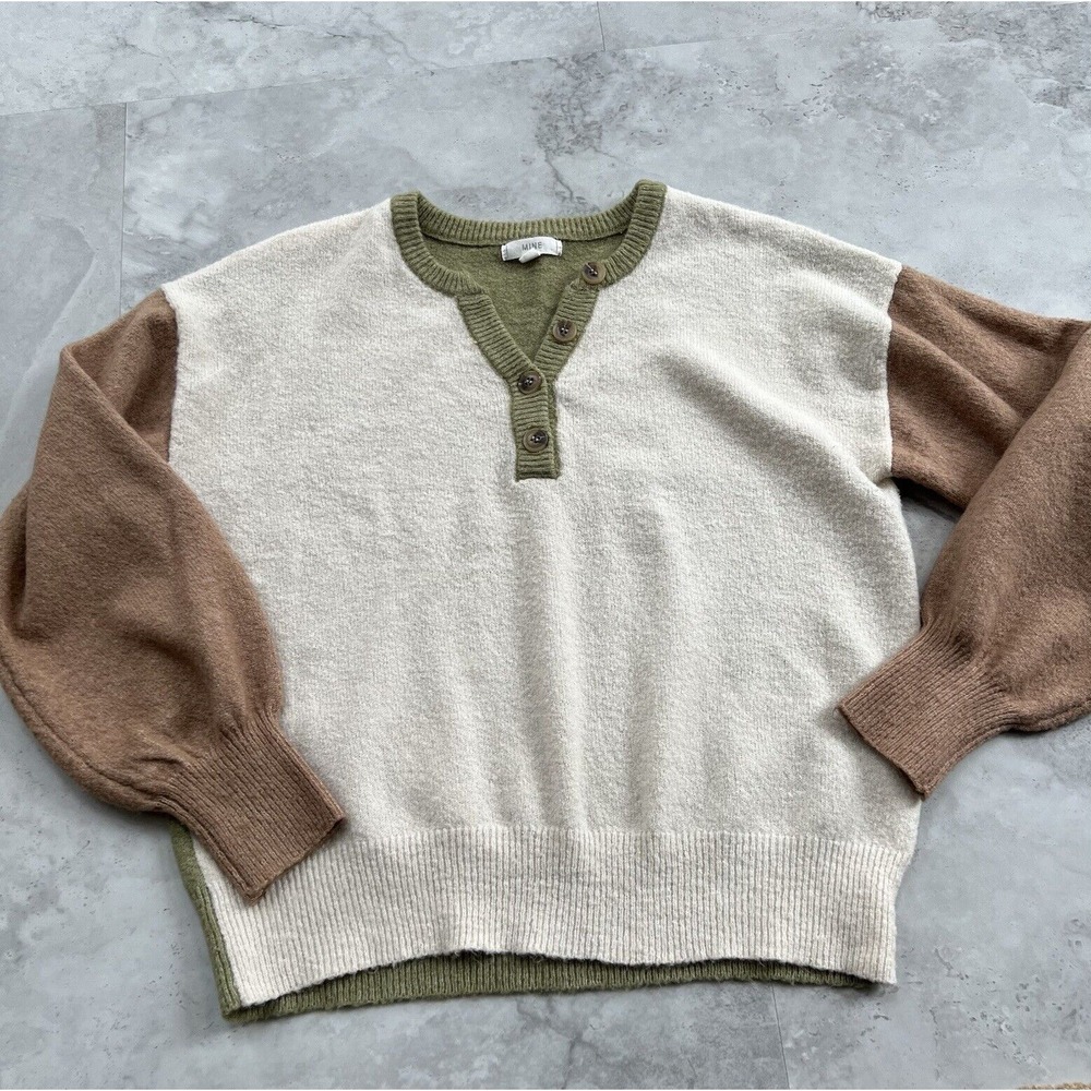 Mine Blocked Neural Color Sweater‎ Size Small S Colorblock Puff Sleeve Henley